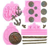 RFGHAC Set di 4 stampi in silicone con ancora, corda, stampo per fondente, bussola pirata, cioccolato, monete del tesoro, per decorare torte, cupcake, argilla polimerica