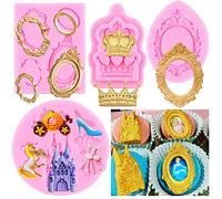 RFGHAC Set di 4 stampi in silicone per cornici, motivo Cenerentola, fondente, barocco, cornici, corona, castello, principessa, vestito, scarpe di cristallo, per decorare torte, cupcake, caramelle,