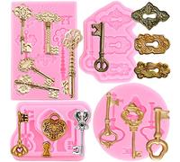 RFGHAC Set di 4 stampi vintage in silicone per fondente a forma di chiave, per cioccolato, torte, cupcake, caramelle, pasta di zucchero, pasta di gomma, argilla polimerica, resina
