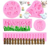 RFGHAC Set di 5 stampi in silicone a forma di animale della fattoria, mucca, maiale, testa di pecora, erba verde, picchetto da giardino, steccato, fondente, decorazione per torte, topper per cupcake,