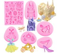 RFGHAC Set di 6 stampi per fondente Cenerentola, castello delle fiabe, carrozza di zucca, abito da principessa, scarpe di cristallo, fiocco, stampi in silicone per cioccolatini e caramelle, per