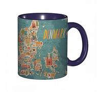 RFSHOP Tazza da caffè con mappa della Danimarca, luoghi di interesse, viaggi, città, case dei cartoni animati, persone, foresta, natura, viaggio, cianografia, tazza da tè in ceramica con manico, per