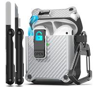 RFUNGUANGO Compatibile con Cover Custodia Airpods,pop-up automatico con clip di blocco di sicurezza, custodia rigida antiurto per tutto il corpo con portachiavi,Argento in fibra di carbonio