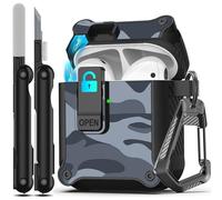 RFUNGUANGO Compatibile con Cover Custodia Airpods,pop-up automatico con clip di blocco di sicurezza, custodia rigida antiurto per tutto il corpo con portachiavi,Mimetico grigio