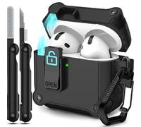 RFUNGUANGO Custodia compatibile con AirPods 4th con clip di blocco di sicurezza, custodia pop-up automatica, custodia protettiva rigida antiurto per tutto il corpo,Nero