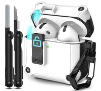 RFUNGUANGO Custodia compatibile con AirPods 4th con clip di blocco di sicurezza, custodia pop-up automatica, custodia protettiva rigida antiurto per tutto il corpo,Bianco