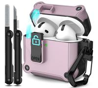 RFUNGUANGO Custodia compatibile con AirPods 4th con clip di blocco di sicurezza, custodia pop-up automatica, custodia protettiva rigida antiurto per tutto il corpo,Viola