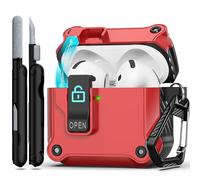 RFUNGUANGO Custodia compatibile con AirPods 4th con clip di blocco di sicurezza, custodia pop-up automatica, custodia protettiva rigida antiurto per tutto il corpo,Rosso