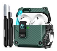 RFUNGUANGO Custodia compatibile con AirPods 4th con clip di blocco di sicurezza, custodia pop-up automatica, custodia protettiva rigida antiurto per tutto il corpo,Verde aghi di pino