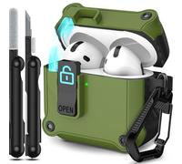 RFUNGUANGO Custodia compatibile con AirPods 4th con clip di blocco di sicurezza, custodia pop-up automatica, custodia protettiva rigida antiurto per tutto il corpo,Verde oliva