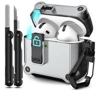 RFUNGUANGO Custodia compatibile con AirPods 4th con clip di blocco di sicurezza, custodia pop-up automatica, custodia protettiva rigida antiurto per tutto il corpo,Argenteo