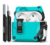 RFUNGUANGO Custodia compatibile con AirPods 4th con clip di blocco di sicurezza, custodia pop-up automatica, custodia protettiva rigida antiurto per tutto il corpo,Verde acqua
