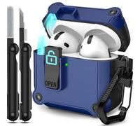 RFUNGUANGO Custodia compatibile con AirPods 4th con clip di blocco di sicurezza, custodia pop-up automatica, custodia protettiva rigida antiurto per tutto il corpo,Blu