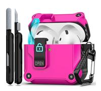 RFUNGUANGO Custodia compatibile con AirPods 4th con clip di blocco di sicurezza, custodia pop-up automatica, custodia protettiva rigida antiurto per tutto il corpo,Roseo