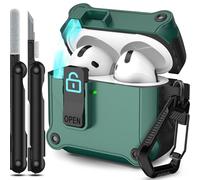 RFUNGUANGO Custodia compatibile con AirPods 4th con clip di blocco di sicurezza, custodia pop-up automatica, custodia protettiva rigida antiurto per tutto il corpo,Verde aghi di pino