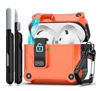 RFUNGUANGO Custodia compatibile con AirPods 4th con clip di blocco di sicurezza, custodia pop-up automatica, custodia protettiva rigida antiurto per tutto il corpo,Arancione