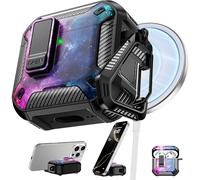 RFUNGUANGO per AirPods di quarta generazione custodia protettiva con supporto per telefono compatibile con funzione magnetica posteriore per AirPods 4 custodia Nero + Cielo Stellato