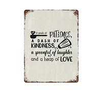 rfy9u7 Targa in metallo vintage per uomo con scritta in lingua inglese "Cave A Pinch of Patience A Dash of Kindness A Spoonful of Laughter", decorazione da parete per camera da letto e soggiorno, 40,6