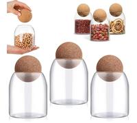 RHBLME Confezione da 3 contenitori in vetro con tappo a sfera, 500 ml, con coperchio in sughero, contenitori rotondi in vetro con tappo a sfera in legno, per alimenti, caffè, zucchero, spezie, tè, ecc