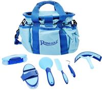 Rhinegold Borsa per la toelettatura Blu con Kit, Set Regalo da 7 Pezzi Che Include Tutti i Tipi di Spazzola per peli di Cavallo, Pettine per Curry e plettro per Zoccoli con Una Borsa Multiuso per la
