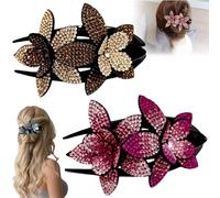 Rhinestone Double Flower Hair Clip for Womens Girls, Elegant Hair Dovetail Clips for Thick Long Hairs Accessories, Crystal Non-Slip Duckbill Hairpin for Parties,Wedding