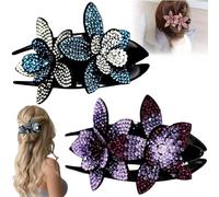 Rhinestone Double Flower Hair Clip for Womens Girls, Elegant Hair Dovetail Clips for Thick Long Hairs Accessories, Crystal Non-Slip Duckbill Hairpin for Parties,Wedding