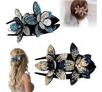 Rhinestone Double Flower Hair Clip for Womens Girls, Elegant Hair Dovetail Clips for Thick Long Hairs Accessories, Crystal Non-Slip Duckbill Hairpin for Parties,Wedding