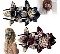 Rhinestone Double Flower Hair Clip for Womens Girls, Elegant Hair Dovetail Clips for Thick Long Hairs Accessories, Crystal Non-Slip Duckbill Hairpin for Parties,Wedding