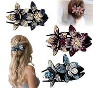 Rhinestone Double Flower Hair Clip for Womens Girls, Elegant Hair Dovetail Clips for Thick Long Hairs Accessories, Crystal Non-Slip Duckbill Hairpin for Parties,Wedding