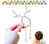 Rhinestone Tassel Ponytail Hair Claw,Pearl Tassel Ponytail Hair Clip,Christmas Rhinestone Peal Tassel Antler Deer Round Bun Hair Claw For Women (Silver)