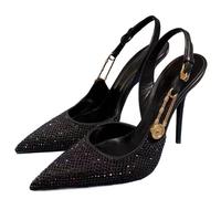 Rhinestones Sequined Buckle Women Pumps Elegant Pointed Toe Slingbacks Stiletto High Heels Spring Summer Fashion Shoes(Black,42)