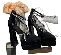 Rhinestones Tassels Satin Women Pumps Elegant Pointed Toe Platform Wedges Super High Heels Runway Style Party Prom Shoes(36)