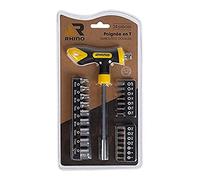 RHINO - Cacciavite con impugnatura a T - Portainserti e portabussole - 9 bussole 1/4" realizzato in acciaio (cromo vanadio) + 24 punte di avvitamento 25 mm fabrqiué in acciaio S2 - Garanzia a vita