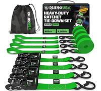 Rhino USA Cinghie a Cricchetto 2000kg, 4cm x 2.4m - Cinghie di Fissaggio Carico - 4 Pz - Cinghie per Trasloco e Trasporto - Cinghia a Cricchetto - con Manici e Ganci a S in Cromo Rivestito - Verde