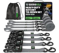 Rhino USA Cinghie a Cricchetto 2000kg, 4cm x 2.4m - Cinghie di Fissaggio Carico - 4 Pz - Cinghie per Trasloco e Trasporto - Cinghia a Cricchetto - con Manici e Ganci a S in Cromo Rivestito - Grigio