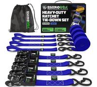 Rhino USA Cinghie a Cricchetto 2000kg, 4cm x 2.4m - Cinghie di Fissaggio Carico - 4 Pz - Cinghie per Trasloco e Trasporto - Cinghia a Cricchetto - con Manici e Ganci a S in Cromo Rivestito - Blu
