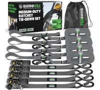 Rhino USA Cinghie a Cricchetto 800 kg- Cinghie di Fissaggio Carico - 4 Pz - Cinghie per Trasloco e Trasporto - 2.5 cm x 4.6 m - Set Cinghia a Cricchetto con Manico - Grigio