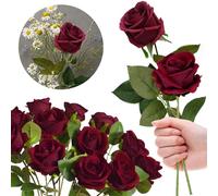 RHQFDM 12 Pezzi Rose Rosse Artificiali,51cm Rose Finte per Decorazioni,Fiori Artificiali di Seta,Rose Artificiali Realistiche,Rose Finte per Decorazione Della Casa,Giardino e Matrimonio(Rosso Scuro)