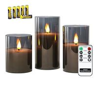Rhytsing 3 Candele di Vetro Led Natale con Timer, Decorazione Luminosa Grigio Fumo, un Telecomando e Batterie Incluse H 10 cm / 12,5 cm / 15 cm