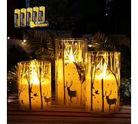 Rhytsing Candele natalizie a LED in vetro a batteria, con timer 6H, motivo renna, senza fiamma, con luce bianca calda, batterie incluse, set da 3