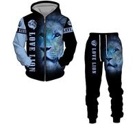 RIAAJ Tuta sportiva da uomo, con leone, con chiusura lampo, 2 pezzi, Pullover6, XL