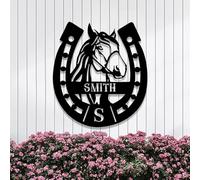 Riaeelvs Targhette in metallo personalizzate a ferro di cavallo con testa di cavallo, cartello con cognome personalizzato, cartello con nome di famiglia