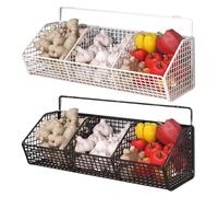 Riaisttd Hanging Produce Rack, 3 Tier Wall Storage Basket, Open Wire Organizer,14.17x5.51x5.91 Inches Rustic Kitchen Bin Holder, Black, for Garlic, Onions Potatoes, Fruit, Small Space Use