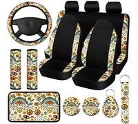 Riakrum 15 coprisedili per auto, motivo funghi boschi, margherite, protezione per sedile posteriore, coprivolante, cintura, bracciolo, tappetino per tazza, portachiavi, cinturino da polso, accessori