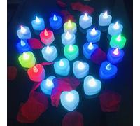 Riaxuebiy 24 Lumini a LED,Candele a Lume di Candela Tremolanti Senza Fiamma Funzionanti a Batteria con 100 Petali Rosa Artificiale (Cuore-Luce Multicolore)