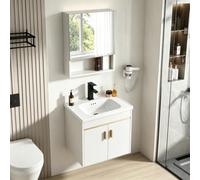 Ribanedy Mobile Bagno con Lavabo e Specchiera，Bianco：51 cm | Set bagno sospeso con mobile sottolavabo, lavabo in ceramica, specchiera contenitore, rubinetto nero e piletta pop-up