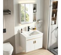 Ribanedy Mobile Bagno con Lavabo e Specchiera，Bianco：61 cm | Set bagno sospeso con mobile sottolavabo, lavabo in ceramica, specchiera contenitore, rubinetto nero e piletta pop-up
