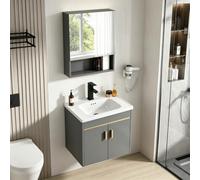 Ribanedy Mobile Bagno con Lavabo e Specchiera，Grigio：51 cm | Set bagno sospeso con mobile sottolavabo, lavabo in ceramica, specchiera contenitore, rubinetto nero e piletta pop-up