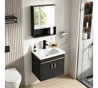Ribanedy Mobile Bagno con Lavabo e Specchiera，Nero：51 cm | Set bagno sospeso con mobile sottolavabo, lavabo in ceramica, specchiera contenitore, rubinetto nero e piletta pop-up