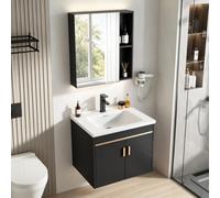 Ribanedy Mobile Bagno con Lavabo e Specchiera，Nero：61 cm | Set bagno sospeso con mobile sottolavabo, lavabo in ceramica, specchiera contenitore, rubinetto nero e piletta pop-up